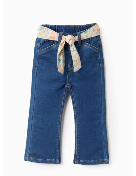 Pantalón Vaquero con Cinturón Floral para Bebé Niña, Azul