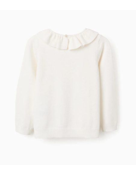 Jersey de punto con cuello de volantes para bebé niña, Blanco