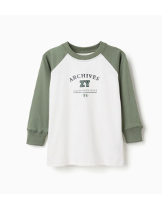Camiseta de Manga Larga de Algodón para Niño, Blanco/Verde
