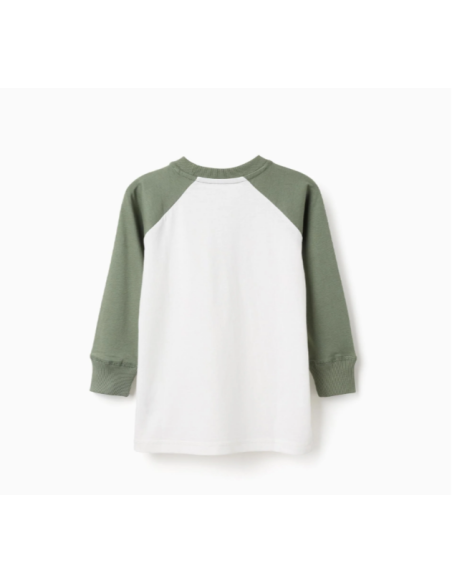 Camiseta de Manga Larga de Algodón para Niño, Blanco/Verde