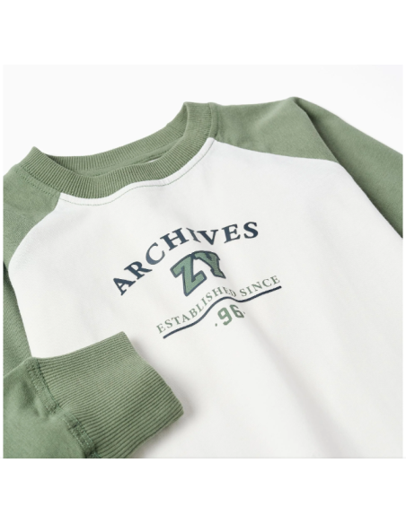 Camiseta de Manga Larga de Algodón para Niño, Blanco/Verde