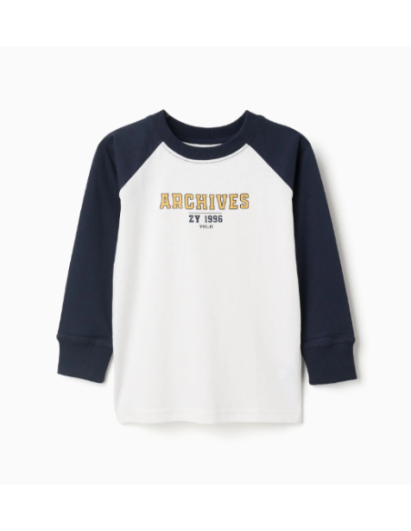 Camiseta de Manga Larga de Algodón para Niño, Blanco/Azul Oscuro