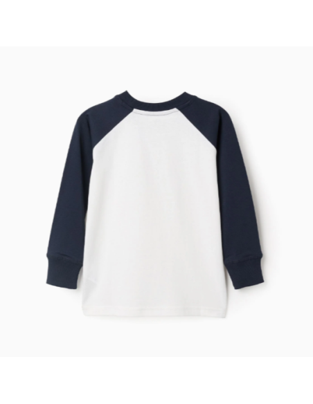 Camiseta de Manga Larga de Algodón para Niño, Blanco/Azul Oscuro
