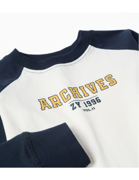 Camiseta de Manga Larga de Algodón para Niño, Blanco/Azul Oscuro