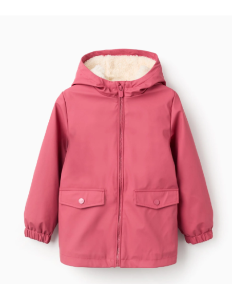 Parka de Goma con Capucha y Forro de Sherpa para Niña, Rosa Oscuro