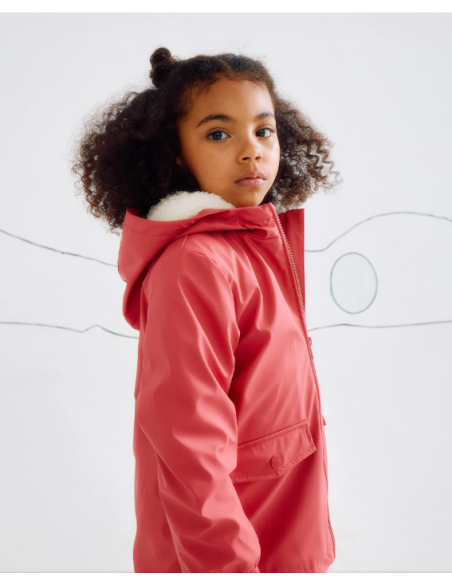 Parka de Goma con Capucha y Forro de Sherpa para Niña, Rosa Oscuro