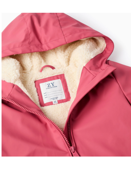 Parka de Goma con Capucha y Forro de Sherpa para Niña, Rosa Oscuro