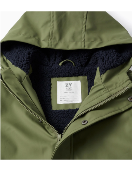 Parka de Goma con Capucha y Forro de Sherpa para Niño, Verde