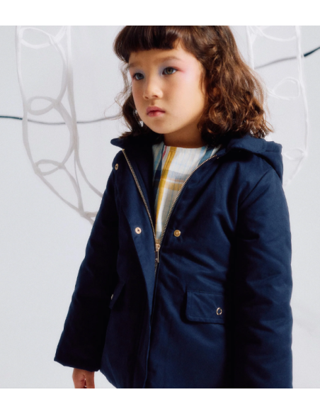 Parka Acolchada Evasé con Capucha Extraíble para Niña, Azul Oscuro