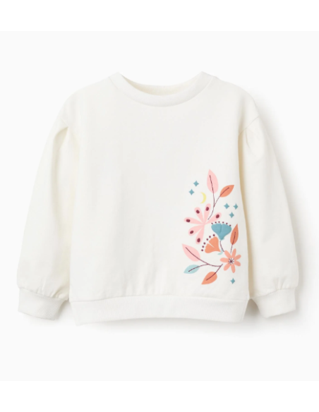 Sudadera Perchada con Estampados y Bordado de Flores para Niña, Blanco