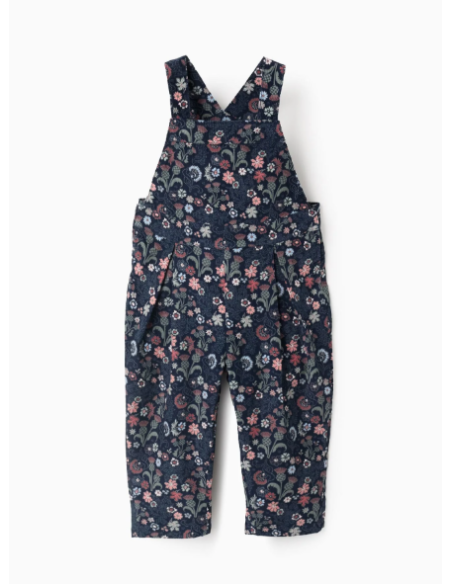 Peto de Pana Motivo Floral para Bebé Niña, Azul Oscuro