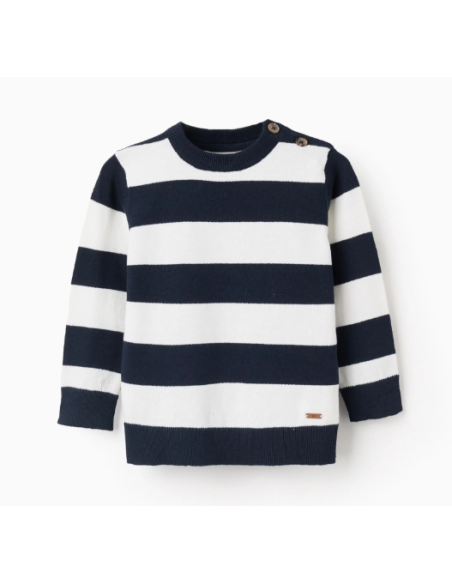 Jersey de Punto Fino a Rayas para Bebé Niño, Blanco/Azul Oscuro