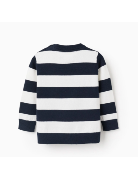 Jersey de Punto Fino a Rayas para Bebé Niño, Blanco/Azul Oscuro